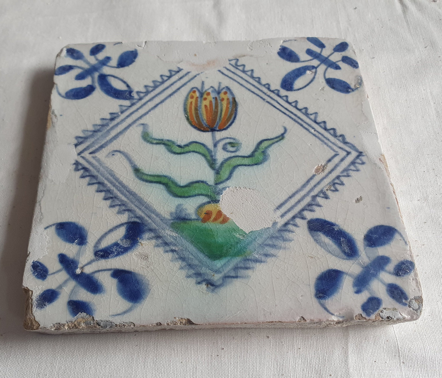Antique Dutch Tulip Tile, Polychrome Majolica, Dated 1640
