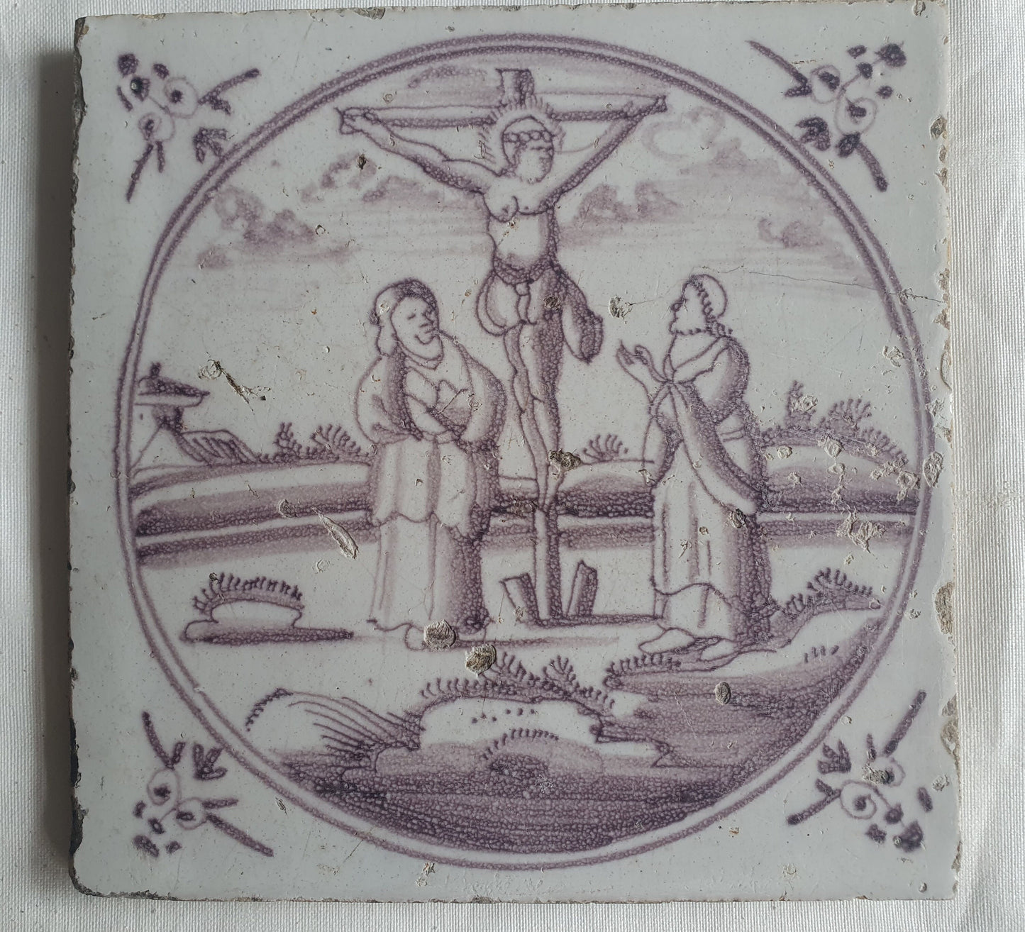 18th century Antique Dutch Tile - manganese bible  biblical tegel
