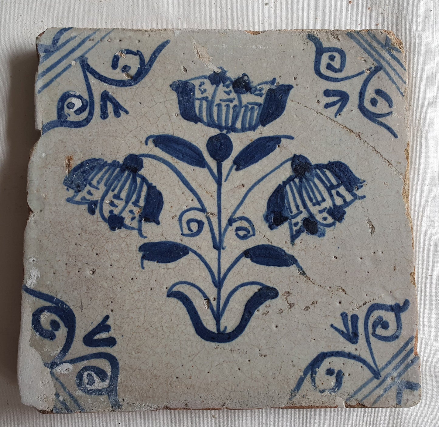 Antique Dutch Tile -  rare , oxhead corner - Dated 1640- 1660 tulp drietulp in antique