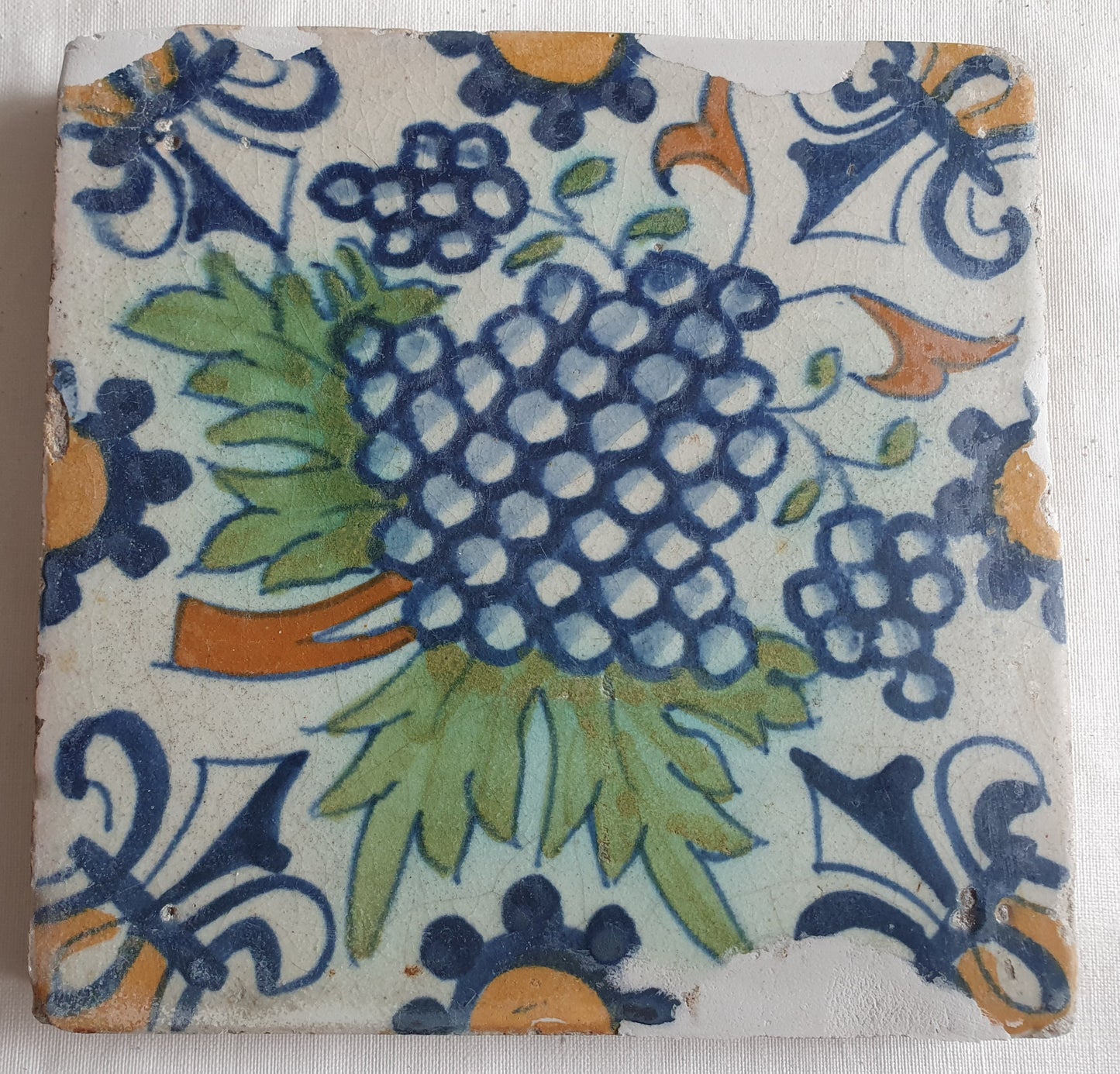 Antique Dutch Grape Tile – 17th Century Polychrome Ornament
