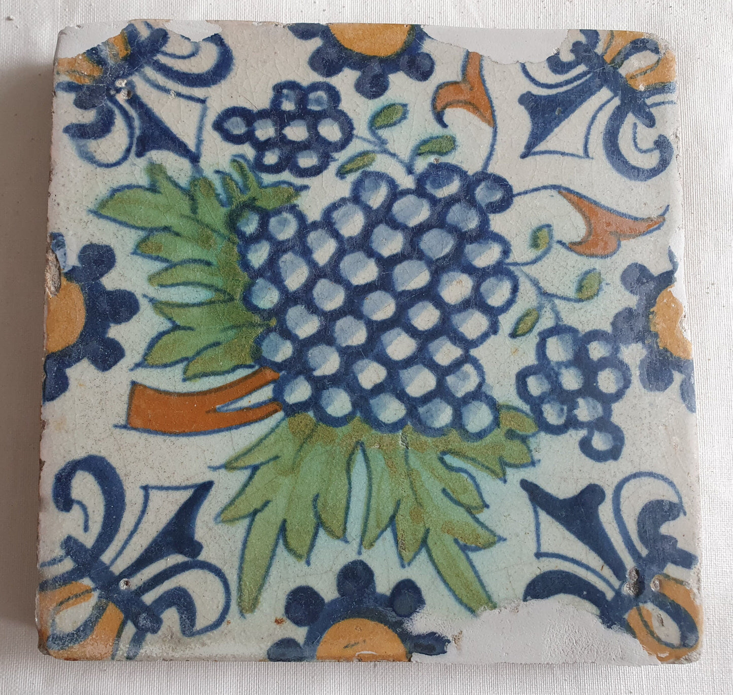Antique Dutch Grape Tile – 17th Century Polychrome Ornament