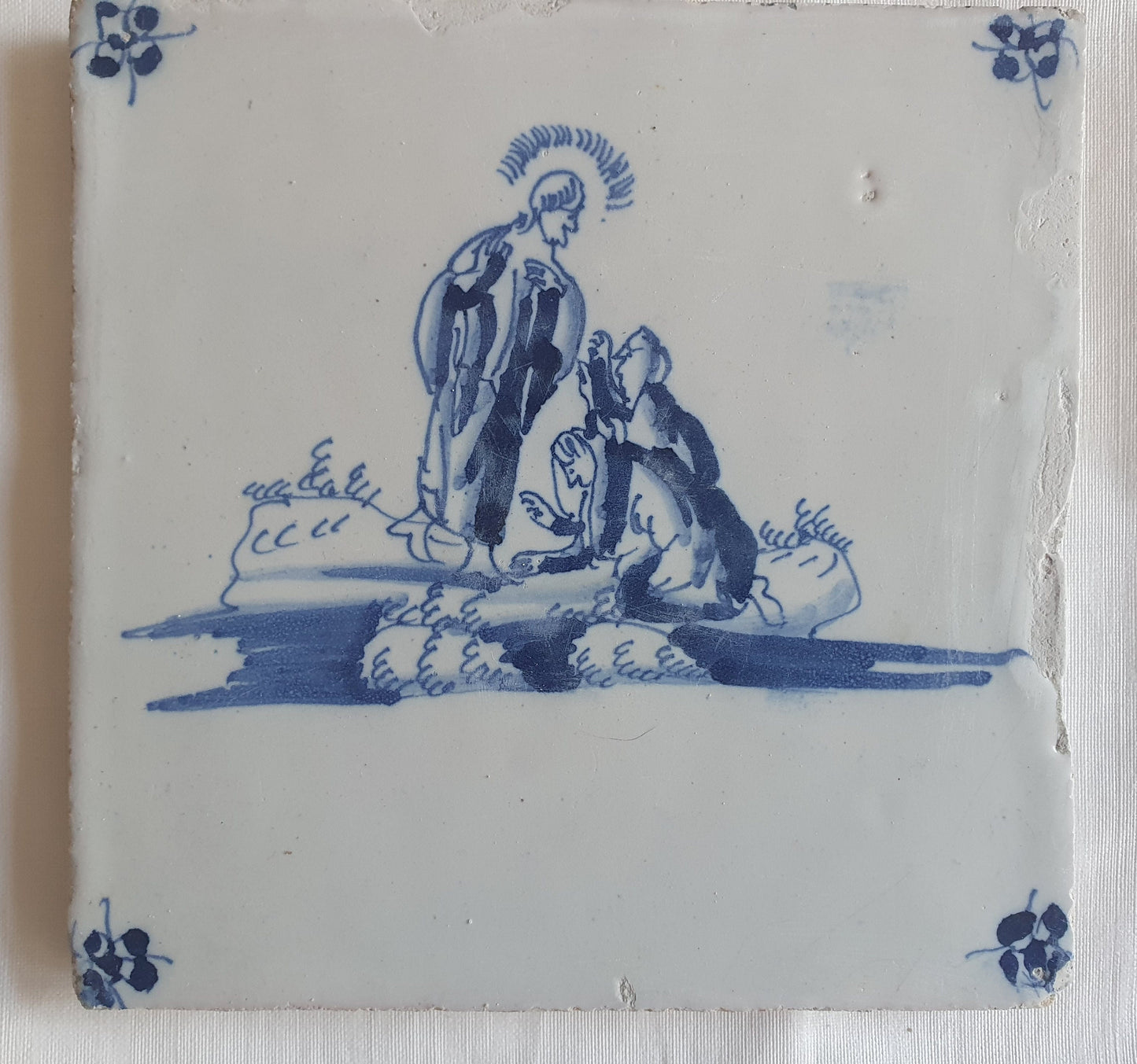 Antieke tegel met Bijbelse voorstelling   in spinnekophoek, antique dutch delft blue tile bible 18th