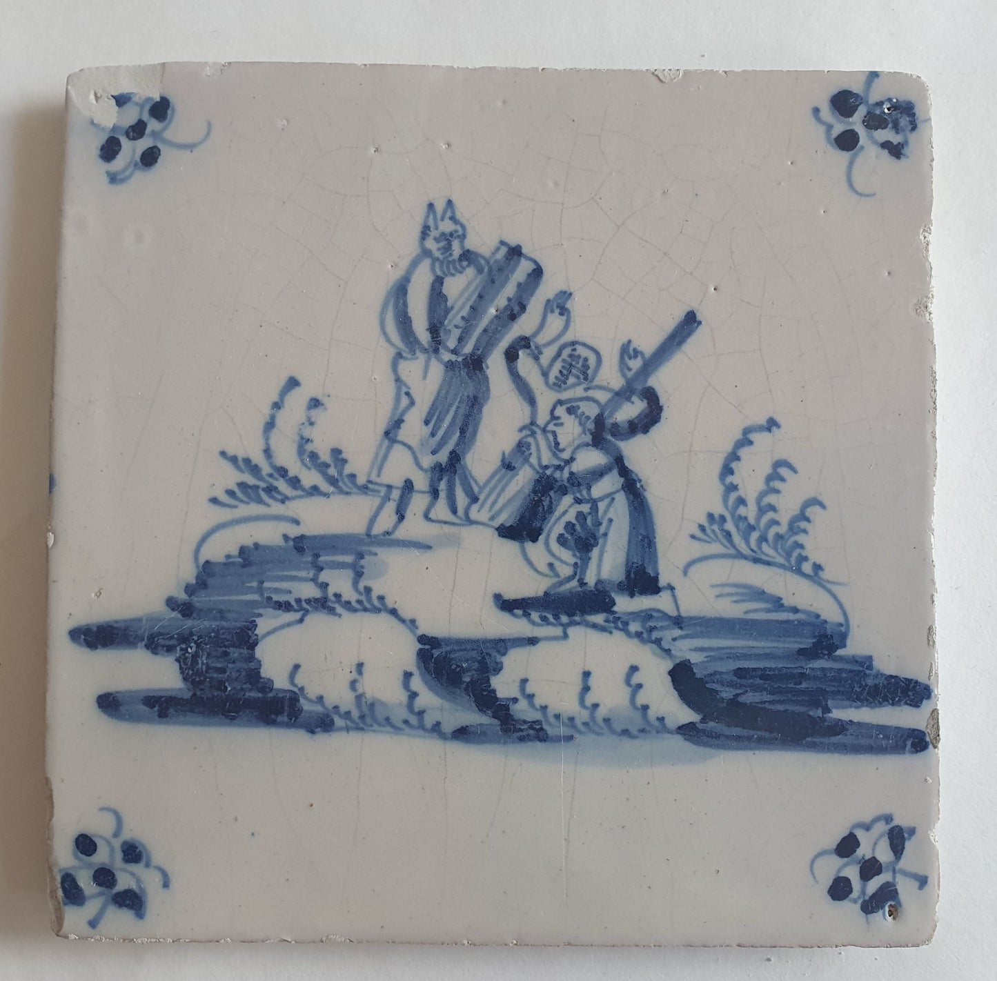 Antieke tegel met Bijbelse voorstelling   in spinnekophoek, antique dutch delft blue tile bible 18th