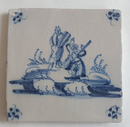 Antieke tegel met Bijbelse voorstelling   in spinnekophoek, antique dutch delft blue tile bible 18th
