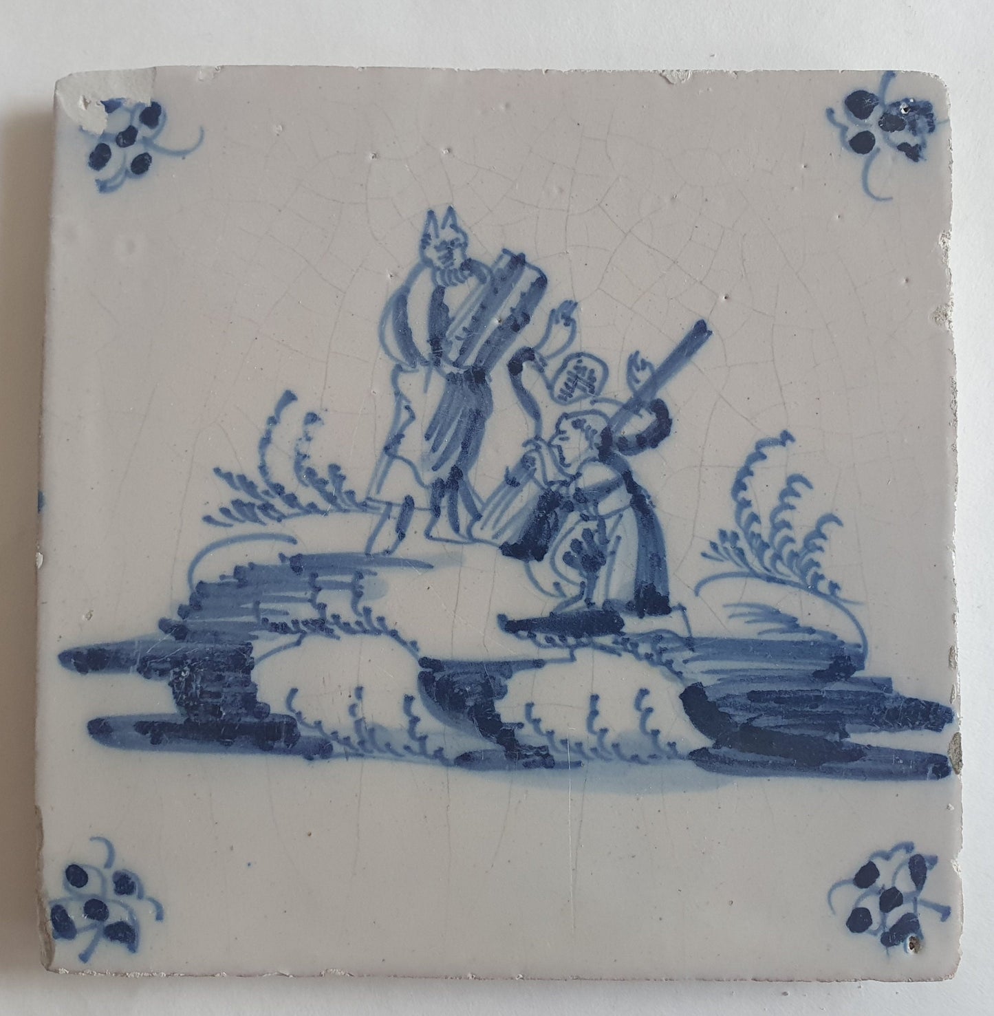 Antieke tegel met Bijbelse voorstelling   in spinnekophoek, antique dutch delft blue tile bible 18th