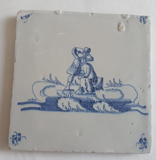 Antieke tegel met Bijbelse voorstelling   in spinnekophoek, antique dutch delft blue tile bible 18th