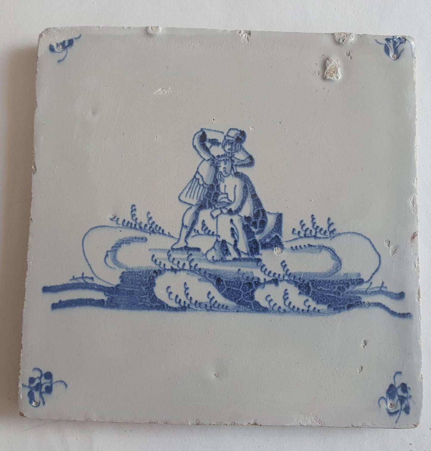Antieke tegel met Bijbelse voorstelling   in spinnekophoek, antique dutch delft blue tile bible 18th