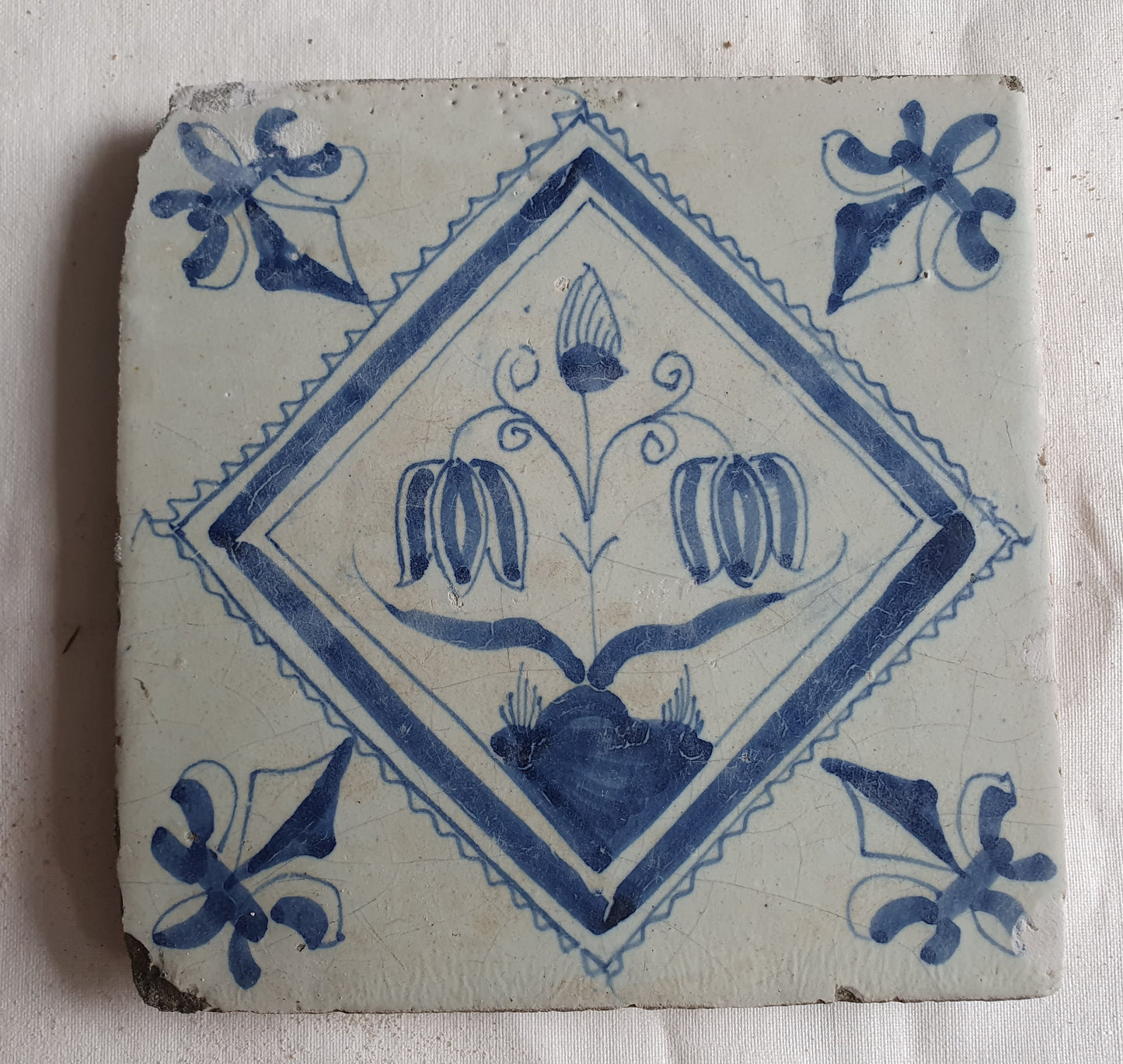 17th Century Dutch Delft Tile, Lily Corner Motif, Holland