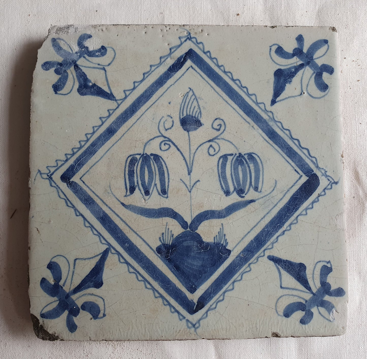 17th Century Dutch Delft Tile, Lily Corner Motif, Holland