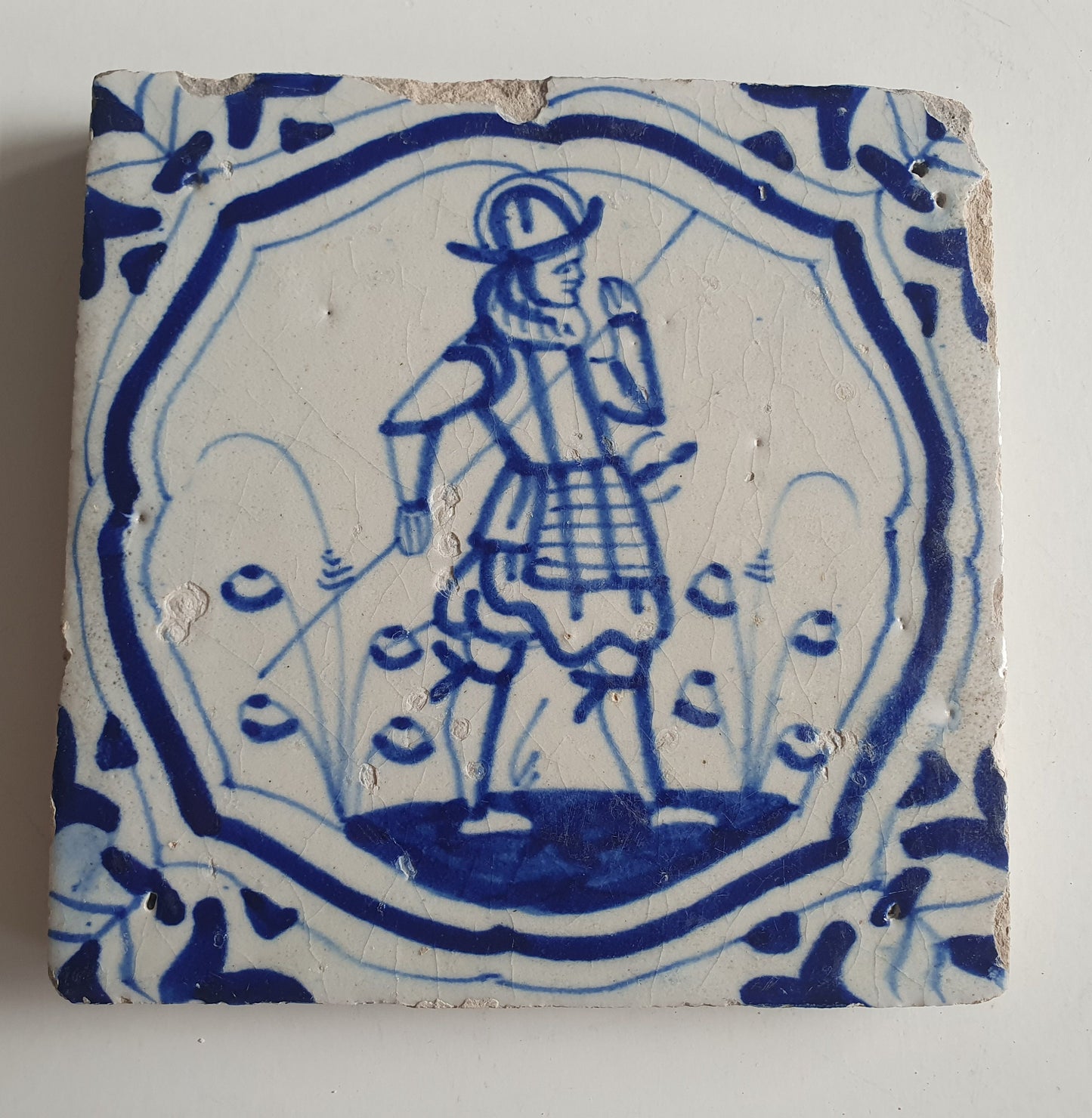 Antique Delft Blue Tile – 17th Century Dutch Soldier