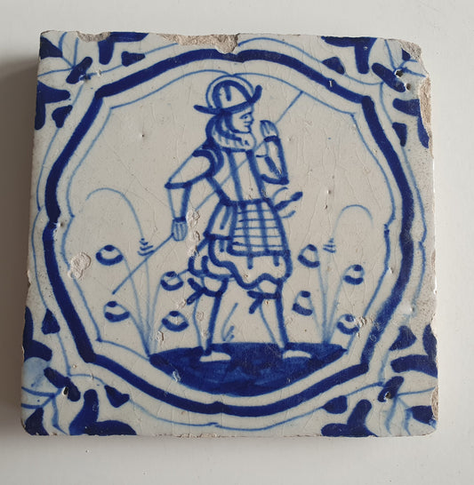Antique Delft Blue Tile – 17th Century Dutch Soldier