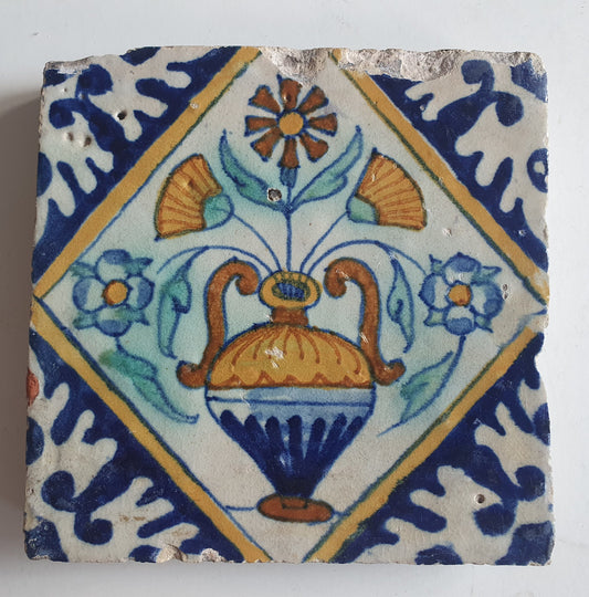Antique Dutch Tile – 17th Century Polychrome Floral Ornament