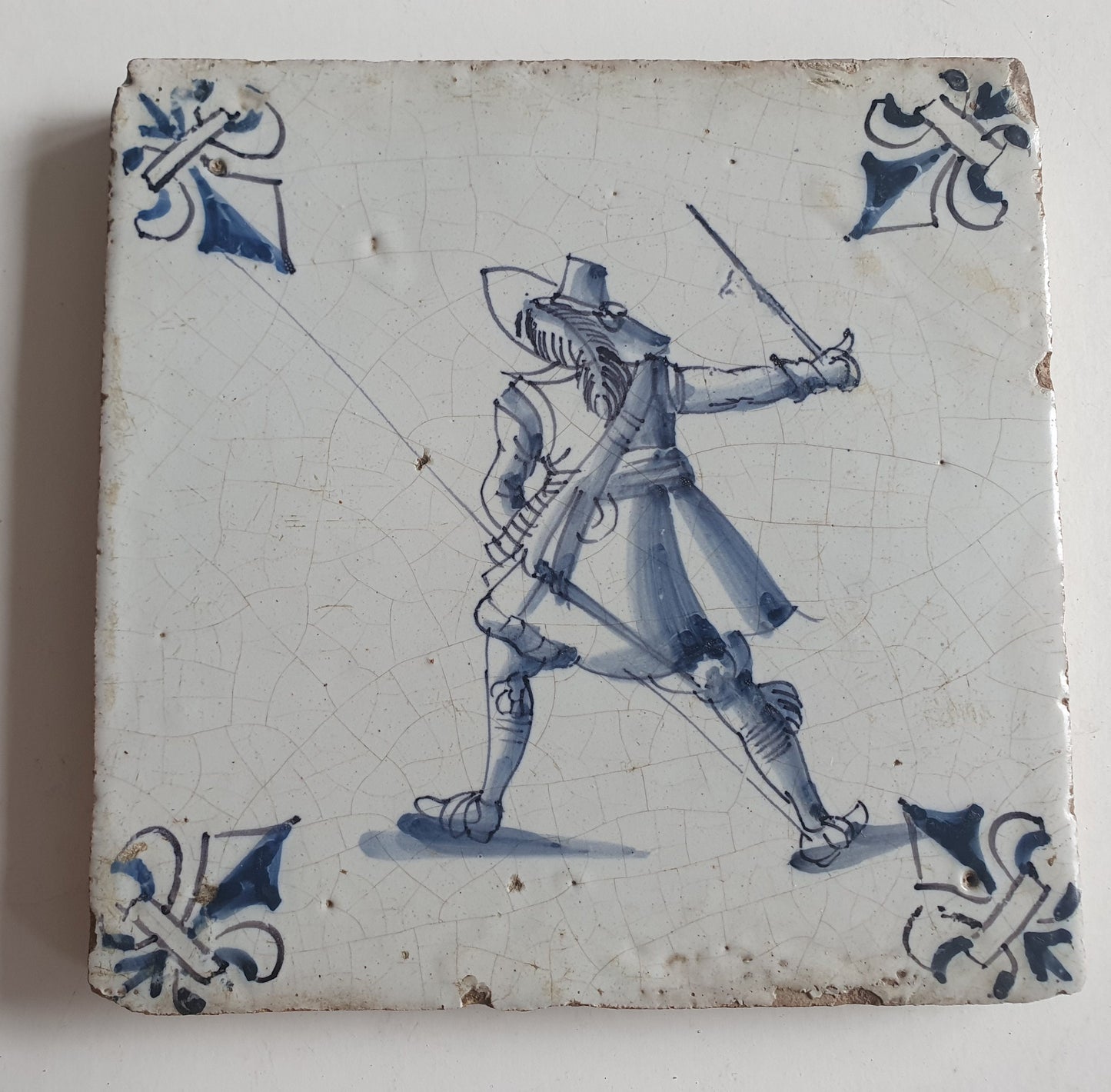 17th Century Dutch Delft Tile, Soldier Lilyhead Motif, Antique Wall Decor