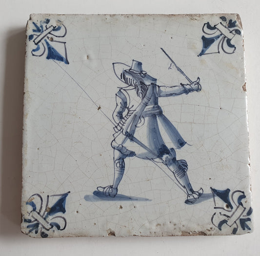 17th Century Dutch Delft Tile, Soldier Lilyhead Motif, Antique Wall Decor