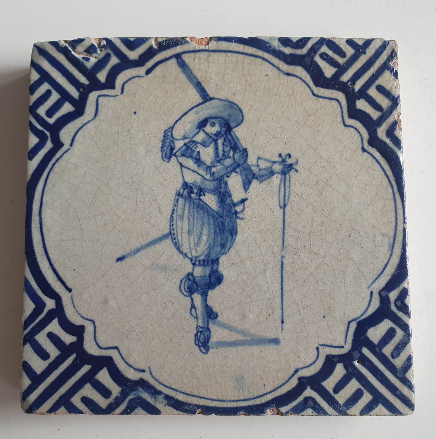 Antique Delft Tile – Soldier Motif, Wanli Corner, 1620-1650