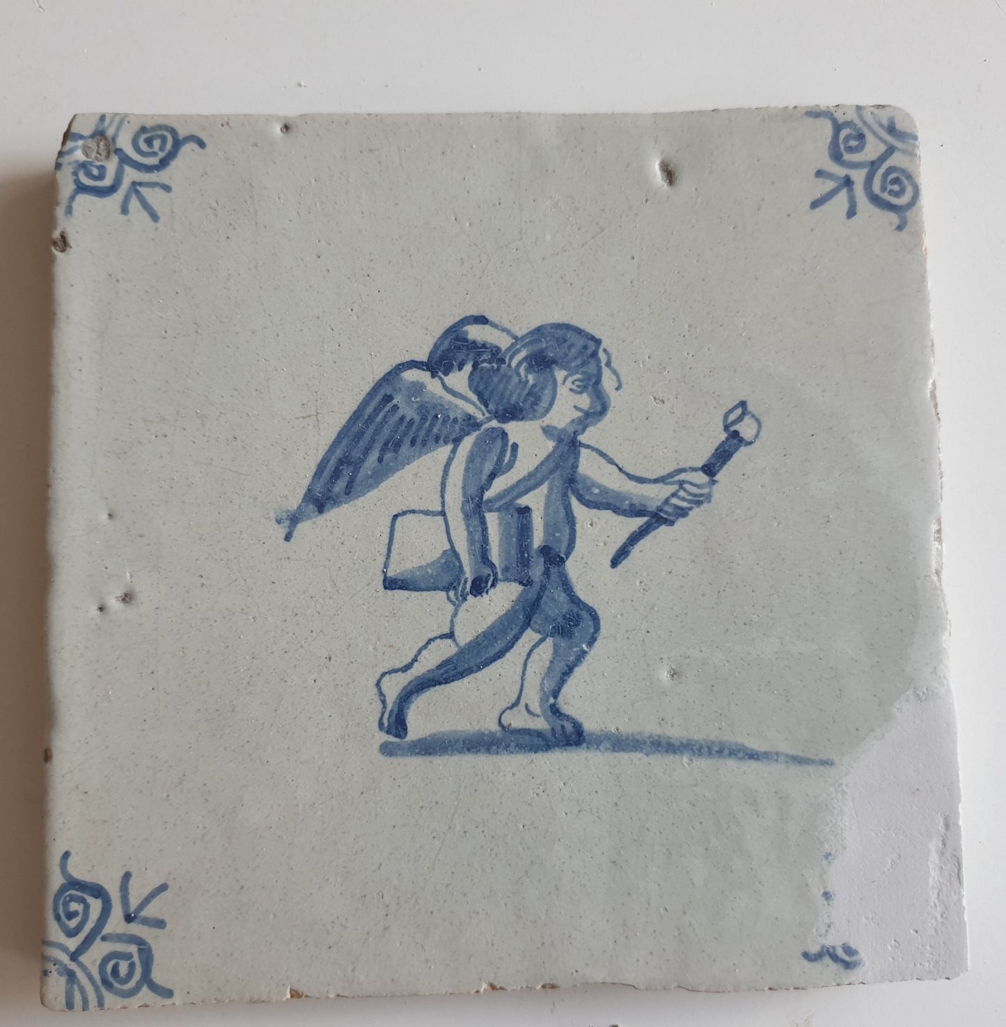 Antique Delft Tile: 17th Century Dutch Oxhead, Mythological Angel