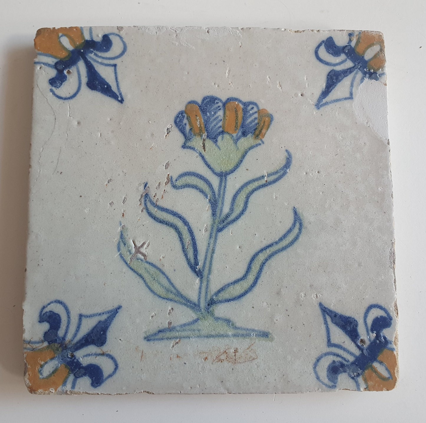 Antique Delft Tile – Polychrome Flower, Fleur-de-lis Motifs (1640)