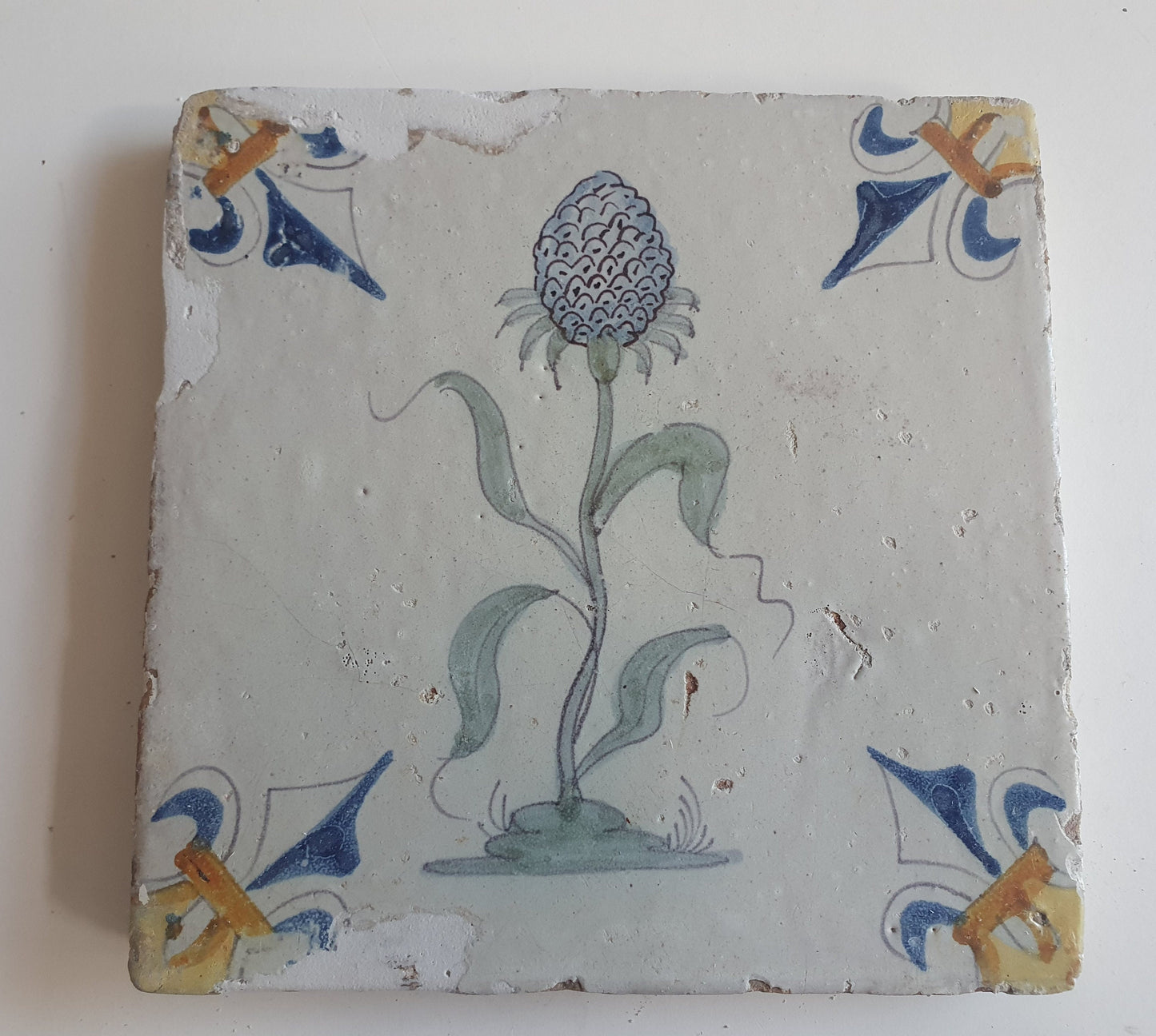 Antique Delft Tile – Polychrome Lily, Fleur-de-Lis Motifs, c.1640