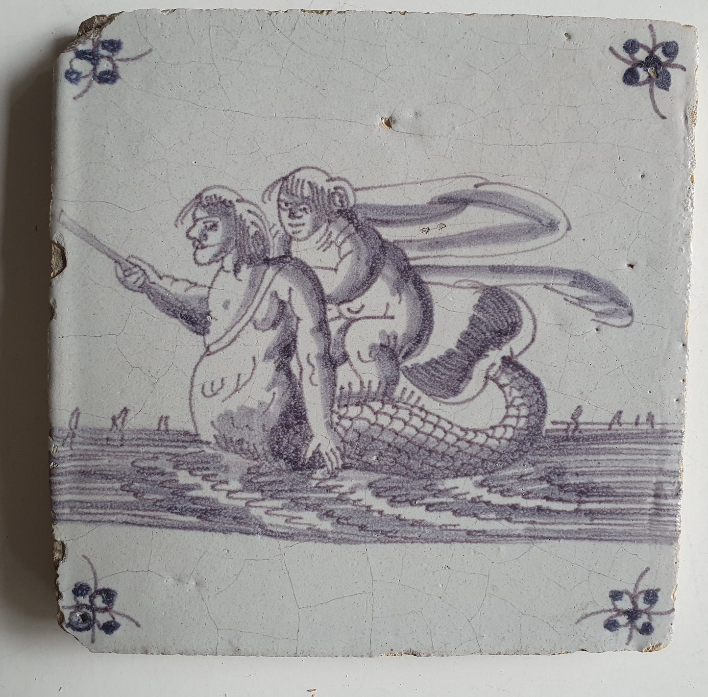 Sea creatures tile, . 17th century Antique Dutch 1630-1650, nice! Seacreature delft exclusive manganese