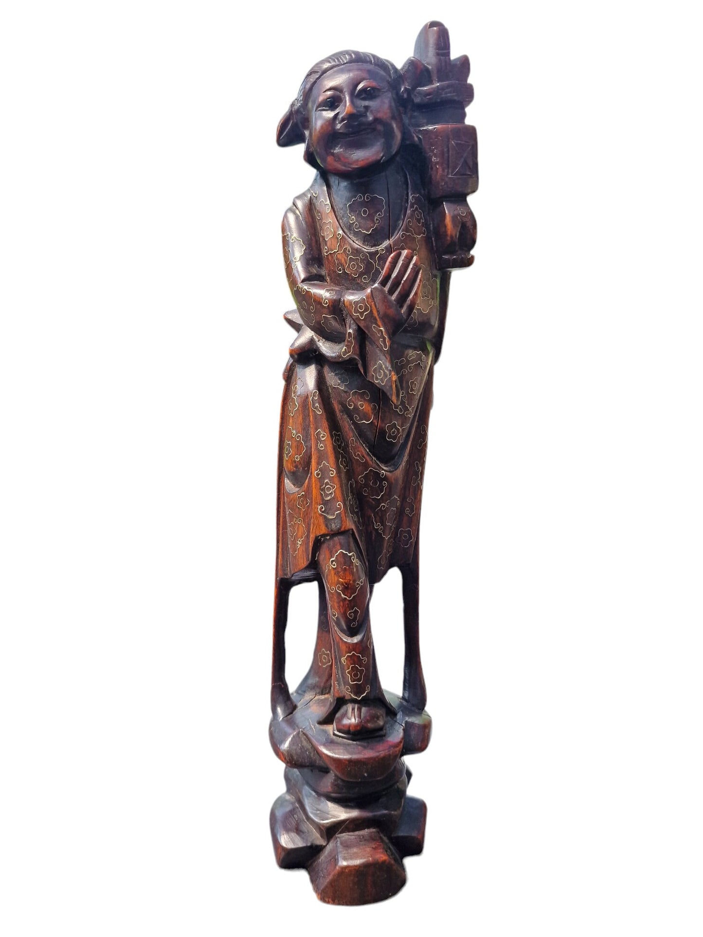 Antique Chinese Rosewood Figure with Niello Silver Inlay - Early 20th Century