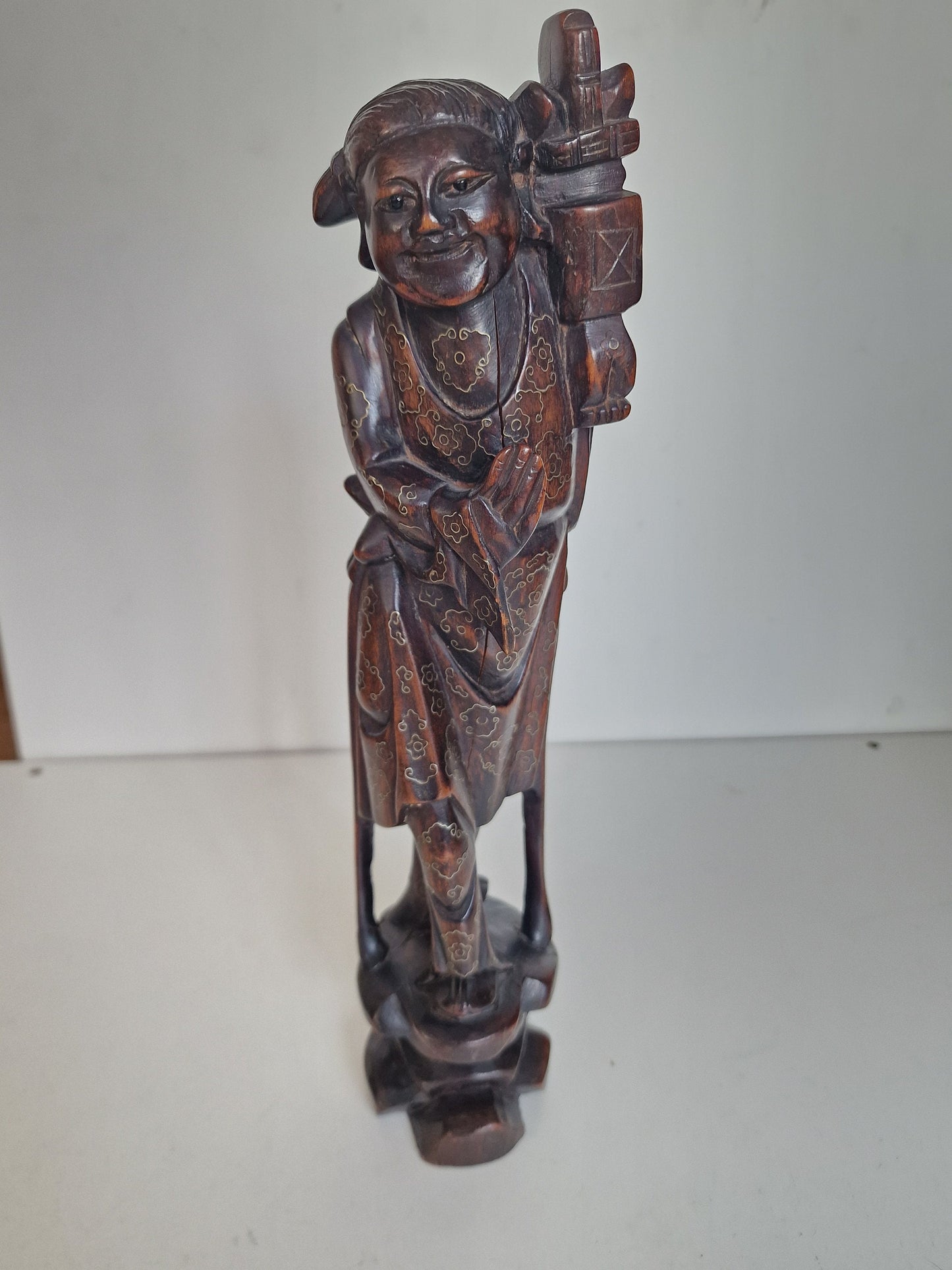 Antique Chinese Rosewood Figure with Niello Silver Inlay - Early 20th Century