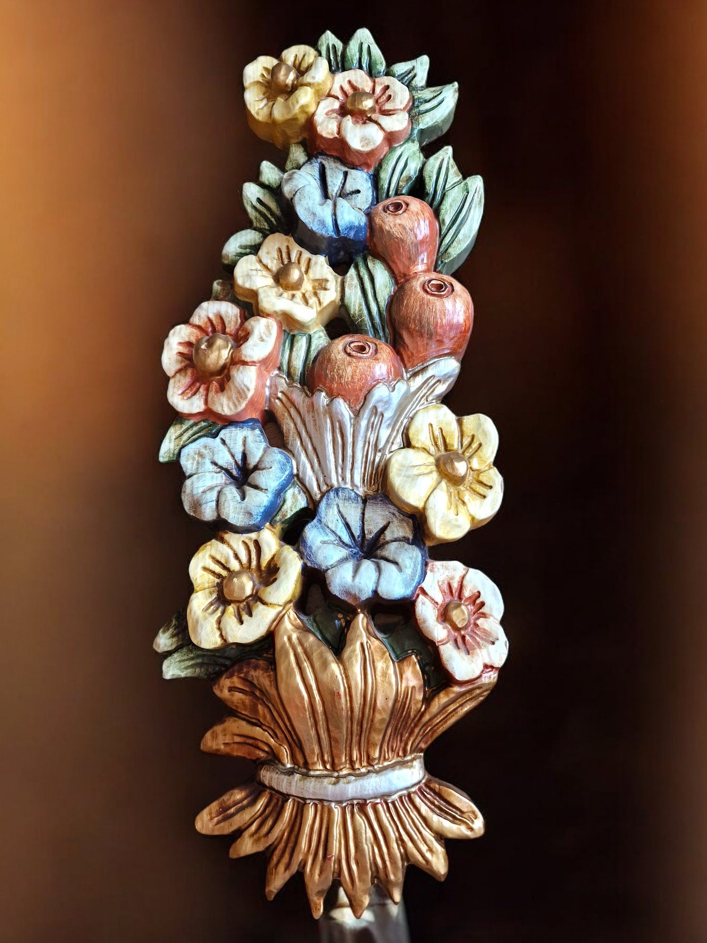 italy woodcarving italian antique handmade polychrome flower old bouquet toscane sunny life