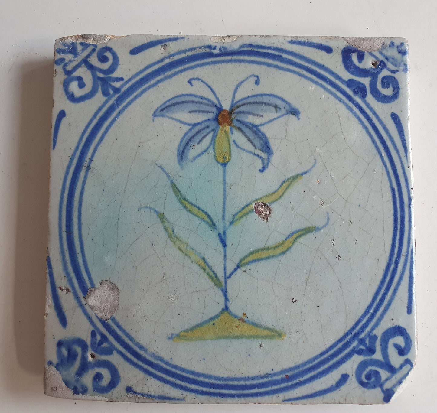 Antique Dutch Tile - polychrome flower - Dated around 1625, delft holland golden century