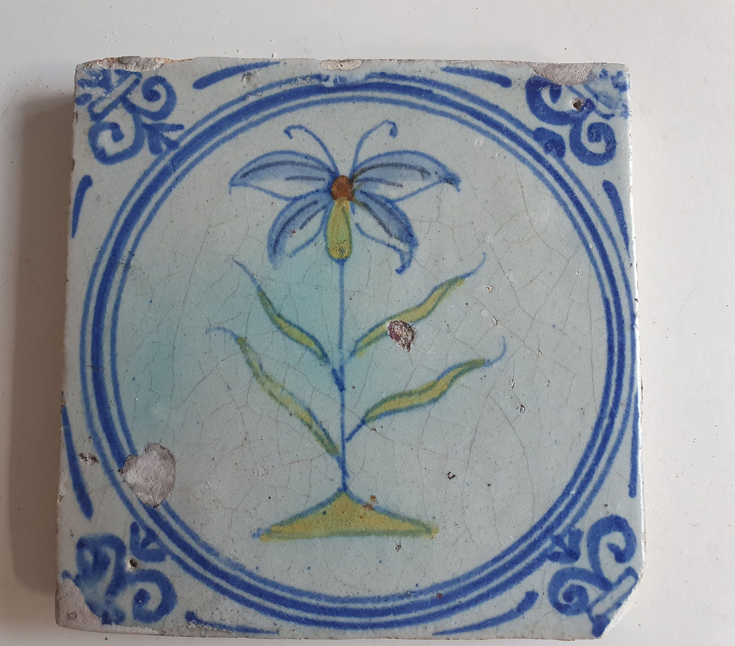 Antique Dutch Tile - polychrome flower - Dated around 1625, delft holland golden century