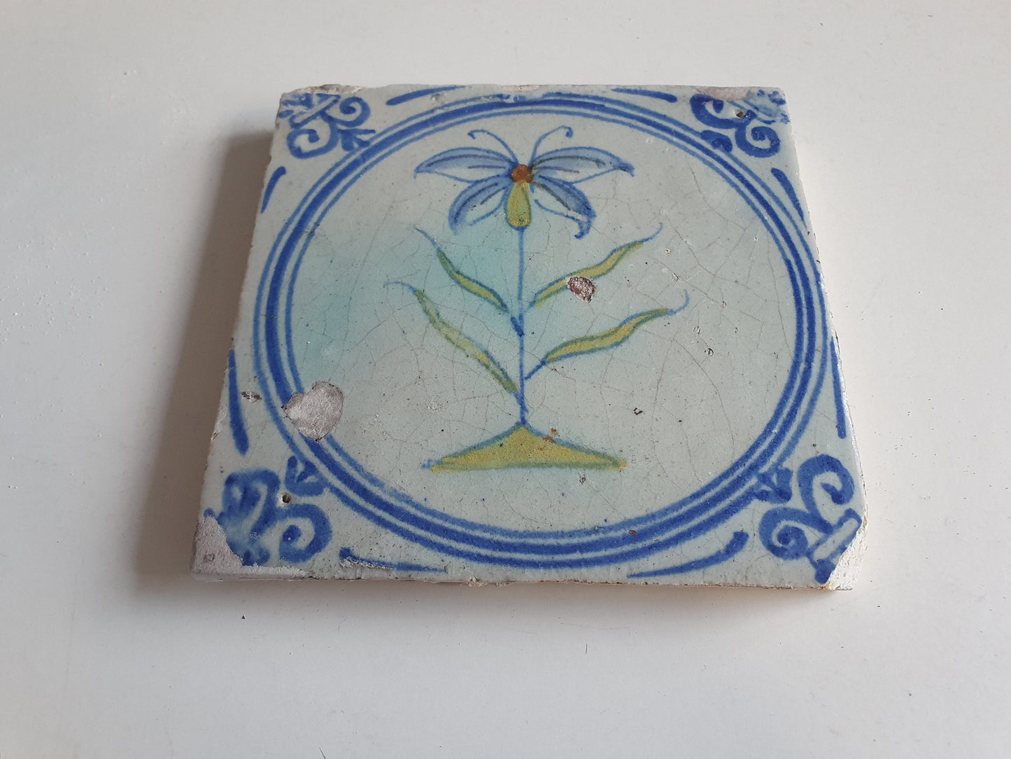Antique Dutch Tile - polychrome flower - Dated around 1625, delft holland golden century