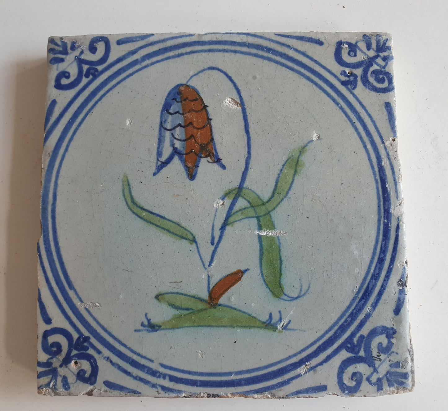 Antique Dutch Tile - polychrome flower - Dated around 1625, delft holland golden century