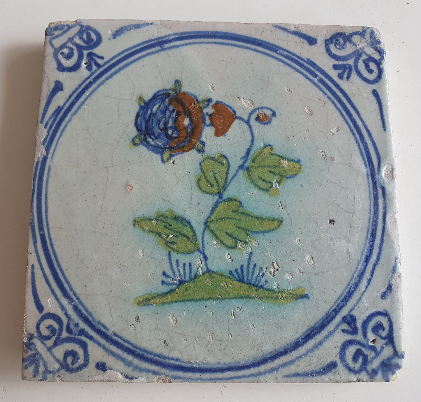 Antique Dutch Tile - polychrome flower - Dated around 1625, delft holland golden century