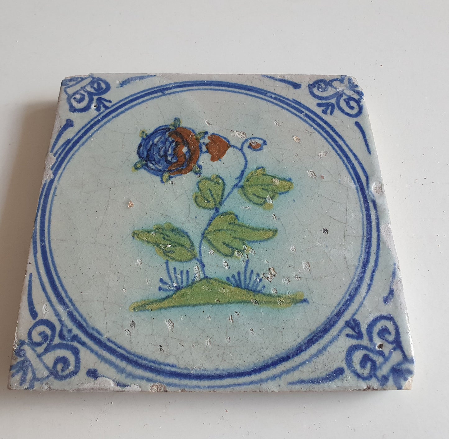 Antique Dutch Tile - polychrome flower - Dated around 1625, delft holland golden century