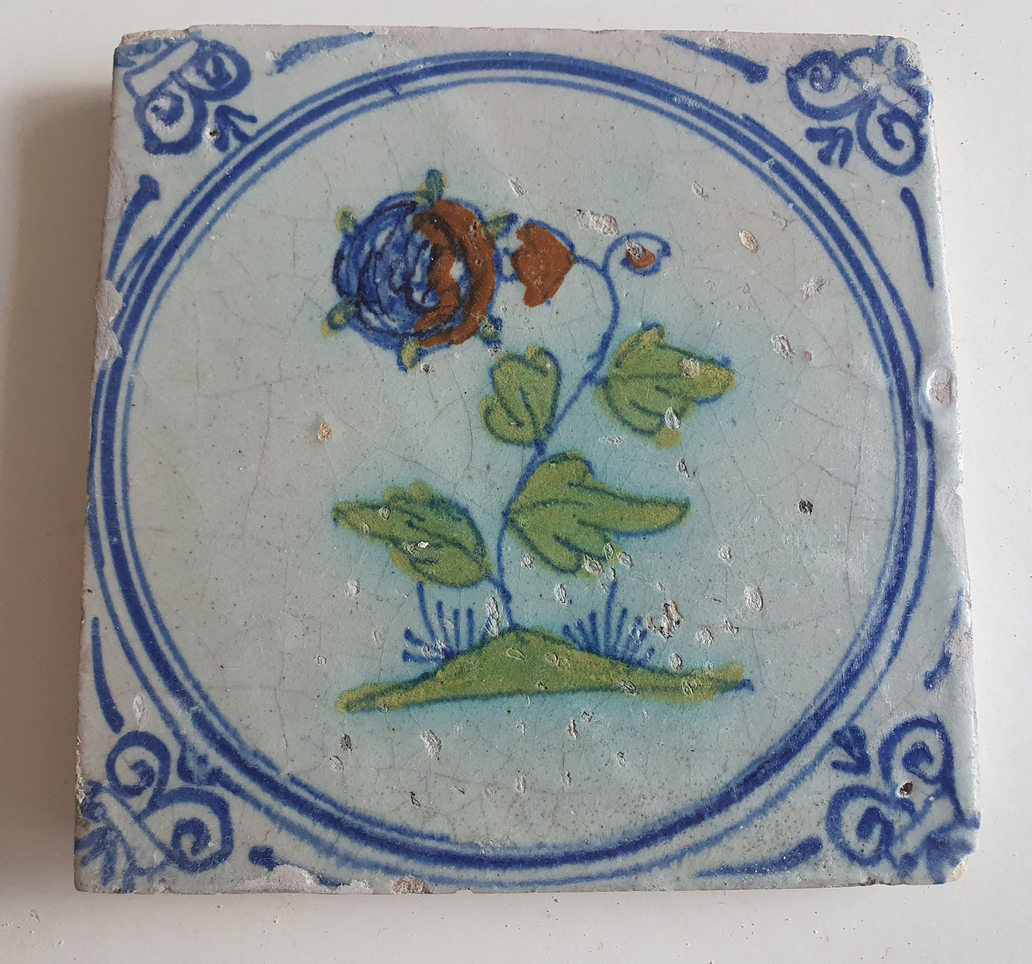 Antique Dutch Tile - polychrome flower - Dated around 1625, delft holland golden century