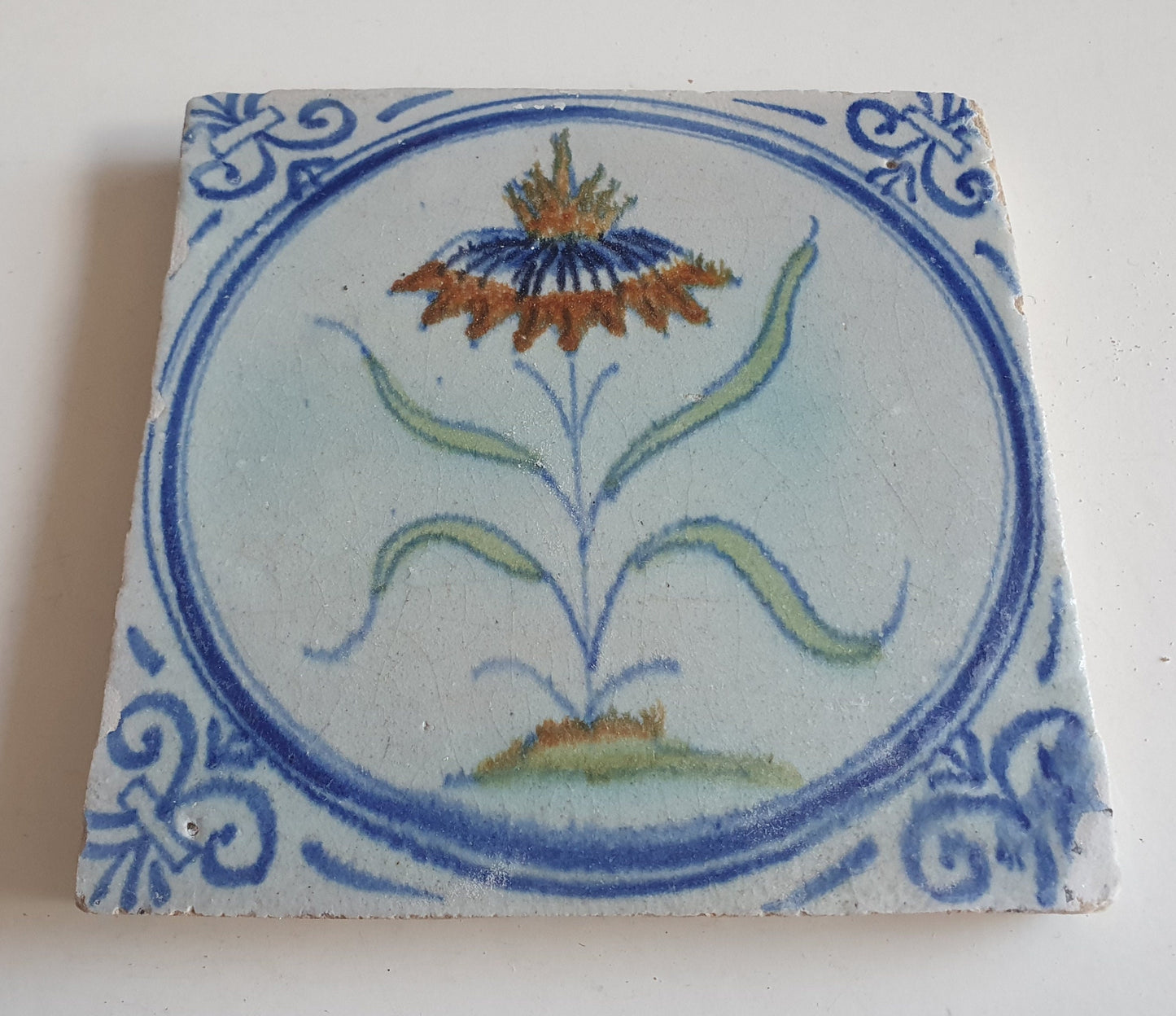 Antique Dutch Tile - polychrome flower - Dated around 1625, delft holland golden century
