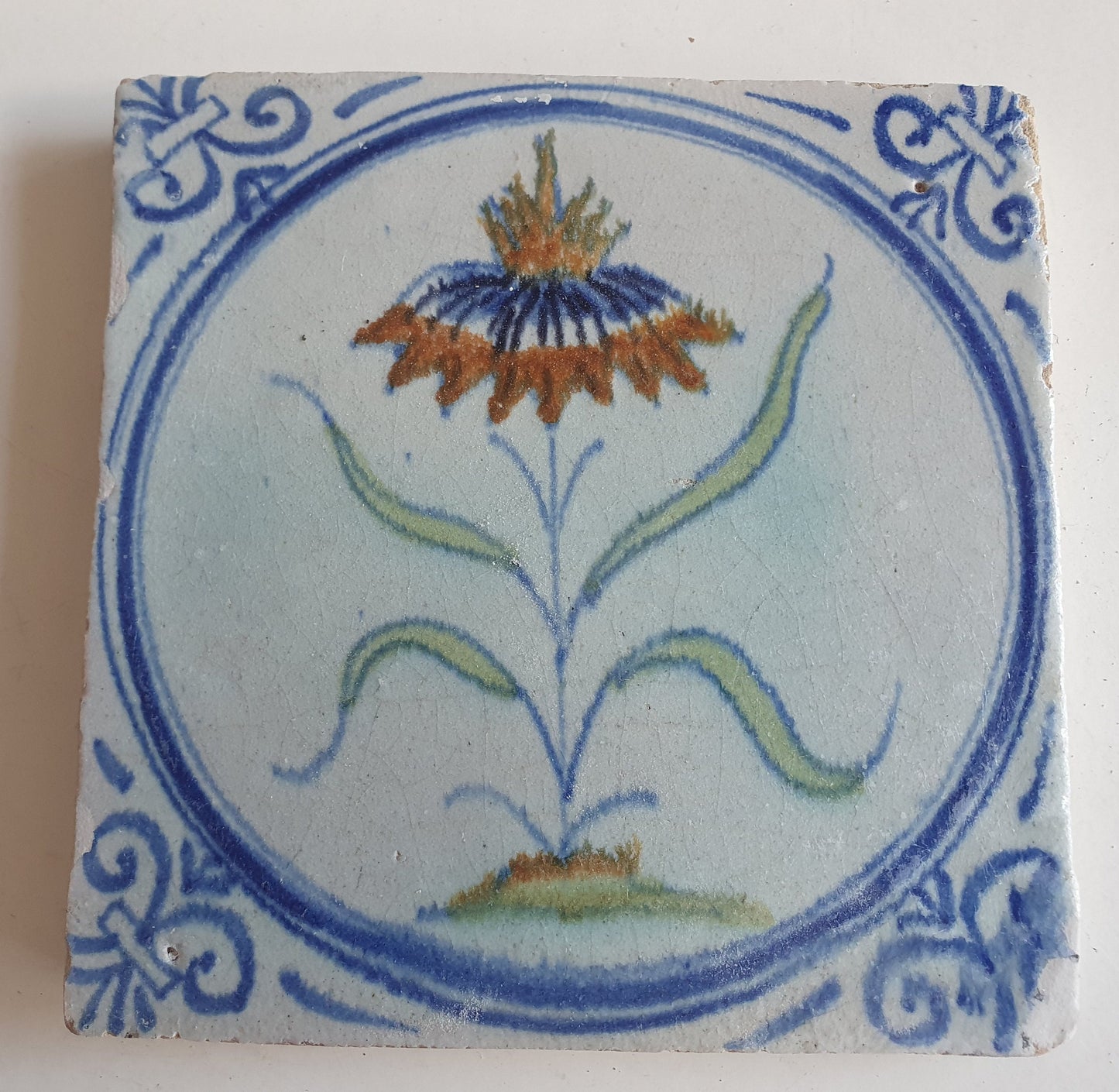 Antique Dutch Tile - polychrome flower - Dated around 1625, delft holland golden century