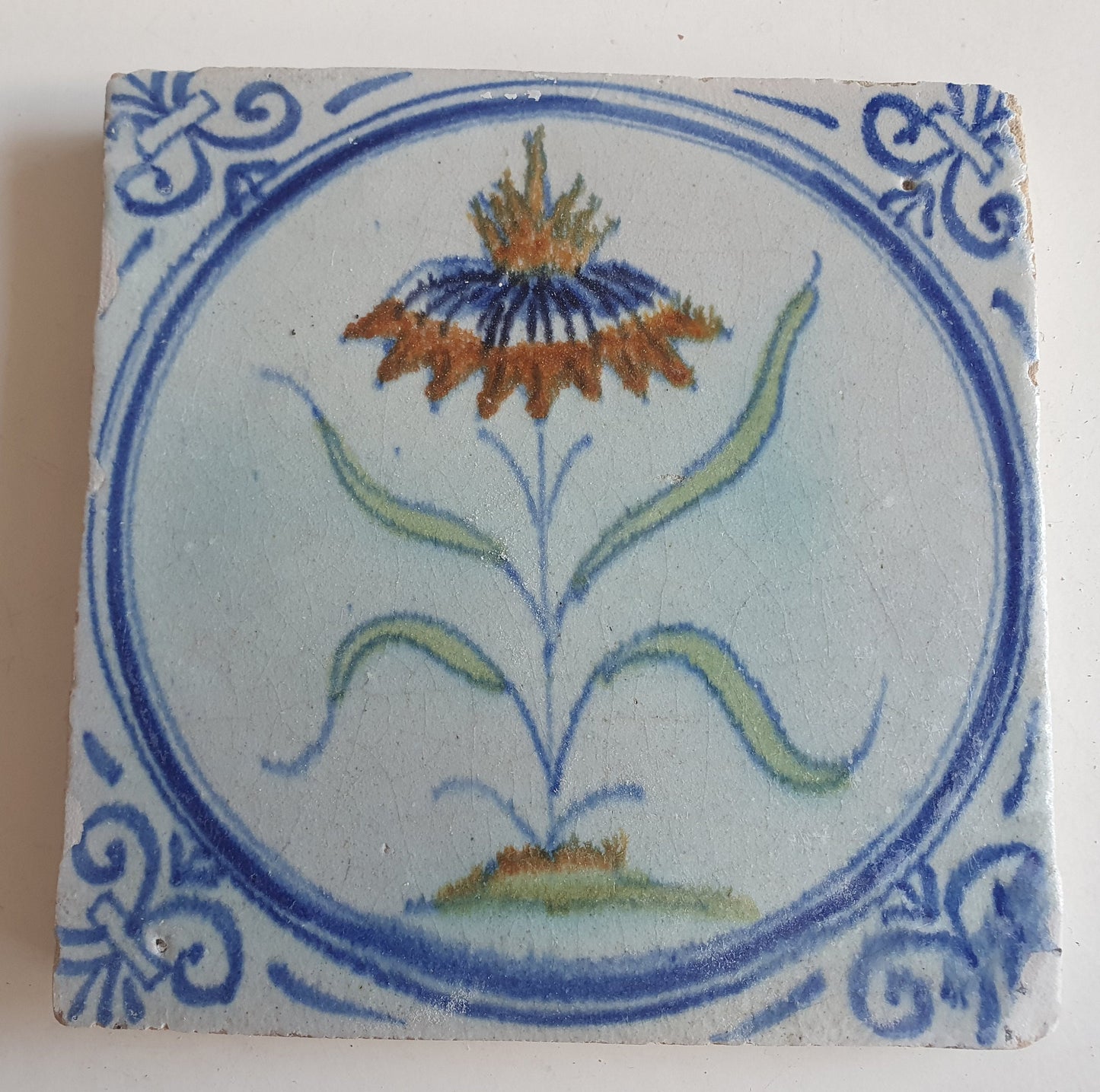 Antique Dutch Tile - polychrome flower - Dated around 1625, delft holland golden century