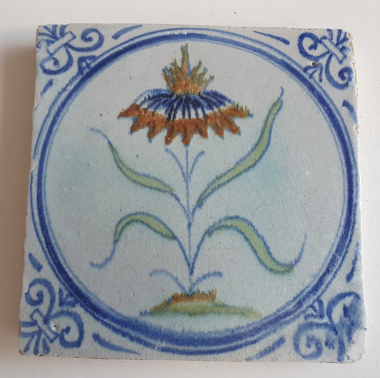 Antique Dutch Tile - polychrome flower - Dated around 1625, delft holland golden century