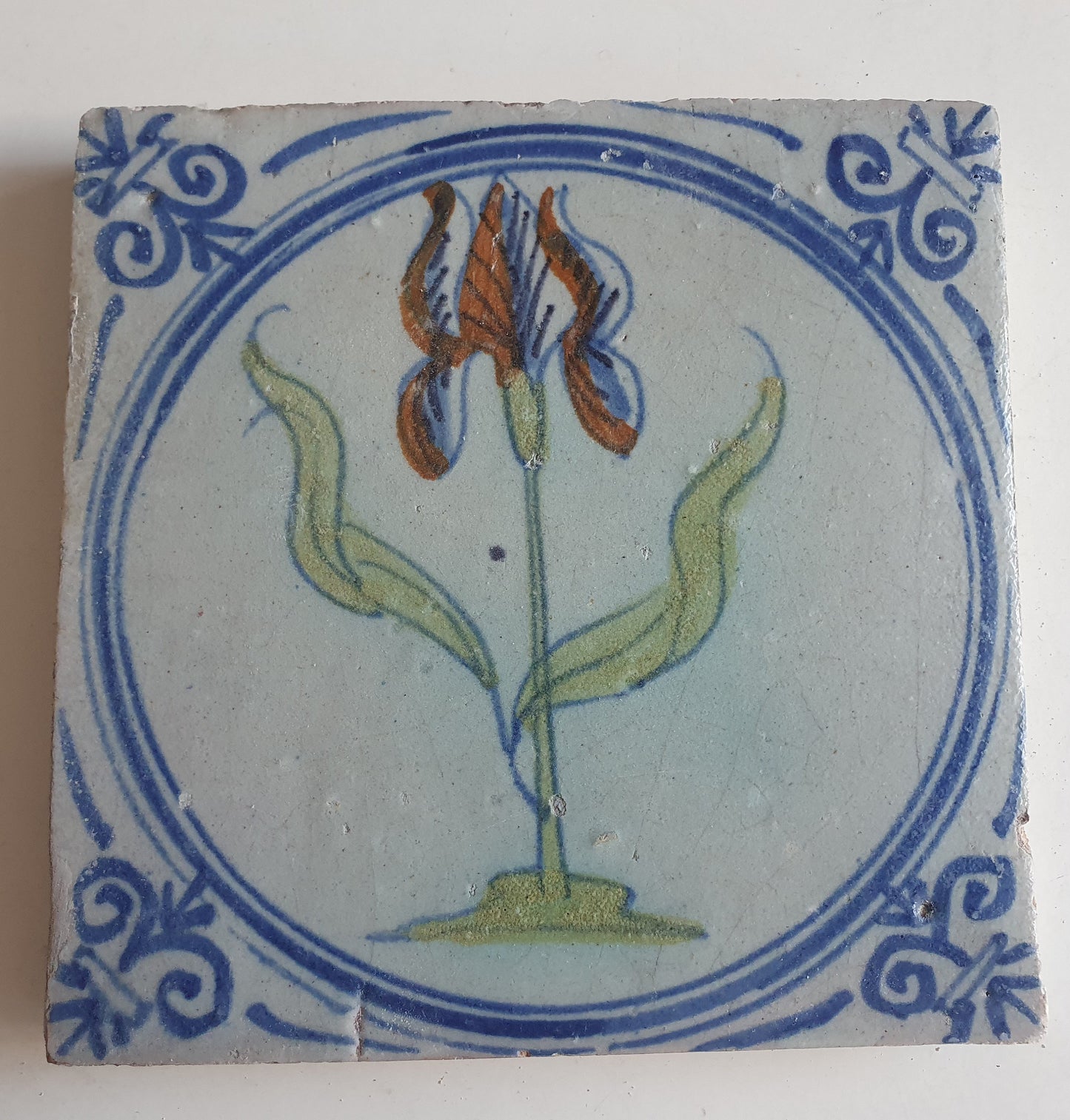 Antique Dutch Tile - polychrome flower - Dated around 1625, delft holland golden century