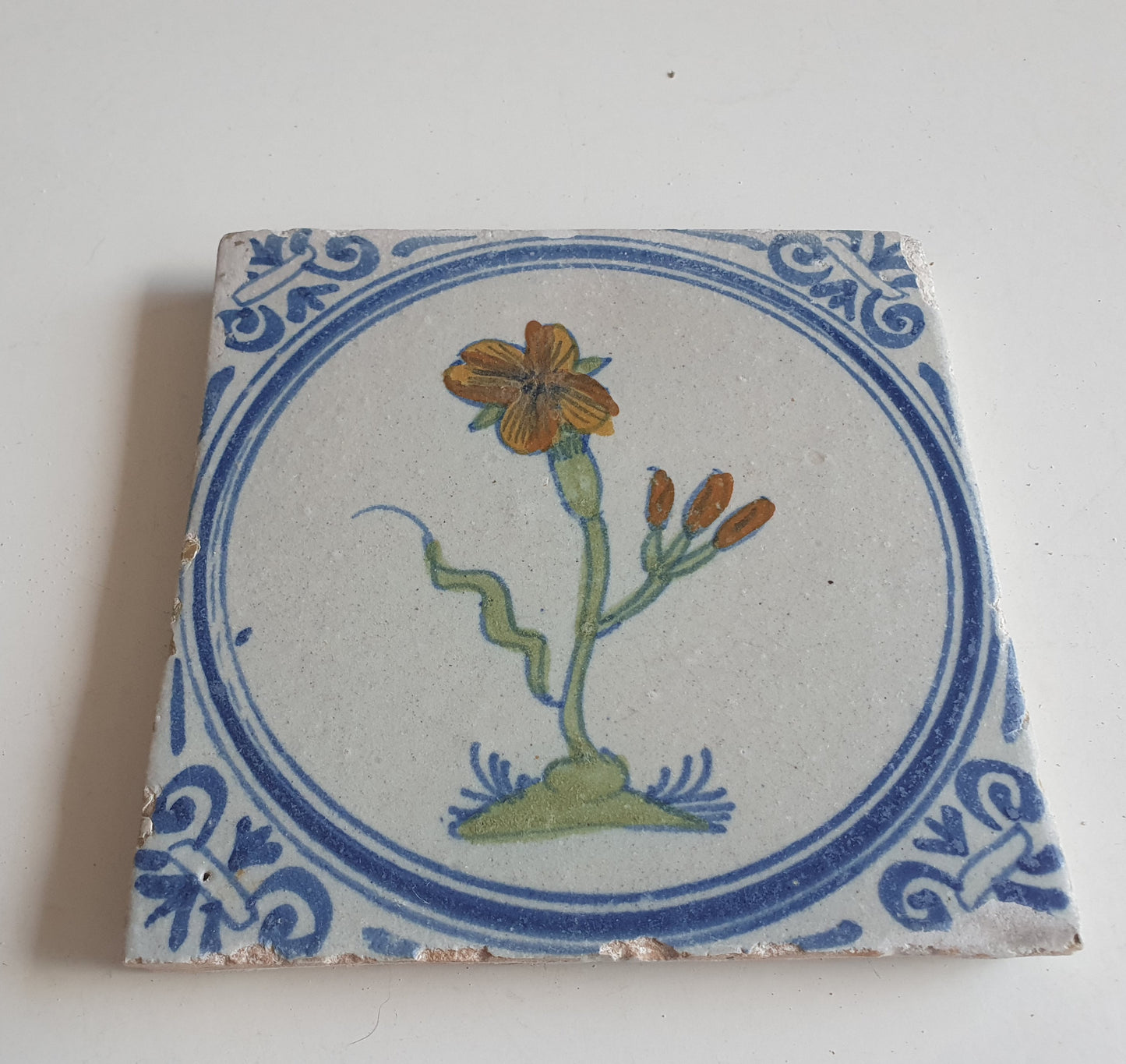 Antique Dutch Tile - polychrome flower - Dated around 1625, delft holland golden century
