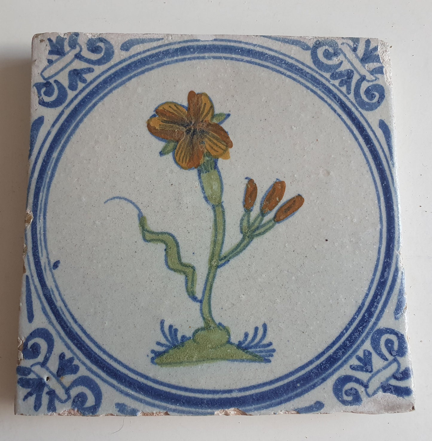 Antique Dutch Tile - polychrome flower - Dated around 1625, delft holland golden century