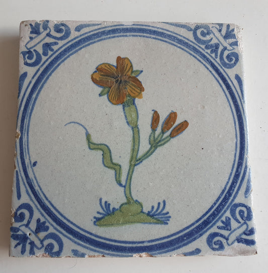 Antique Dutch Tile - polychrome flower - Dated around 1625, delft holland golden century