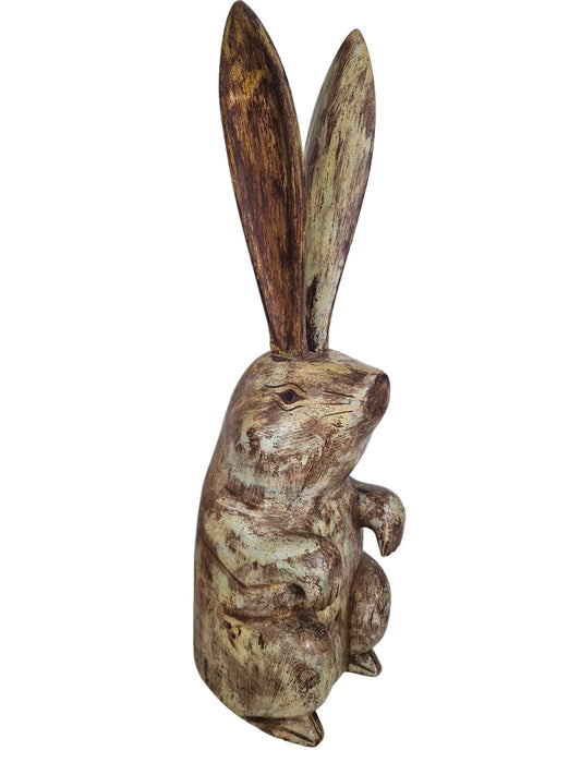 XL Handcarved Wood Hare Figurine, Removable Ears, Funny Animal Statue (46 cm)