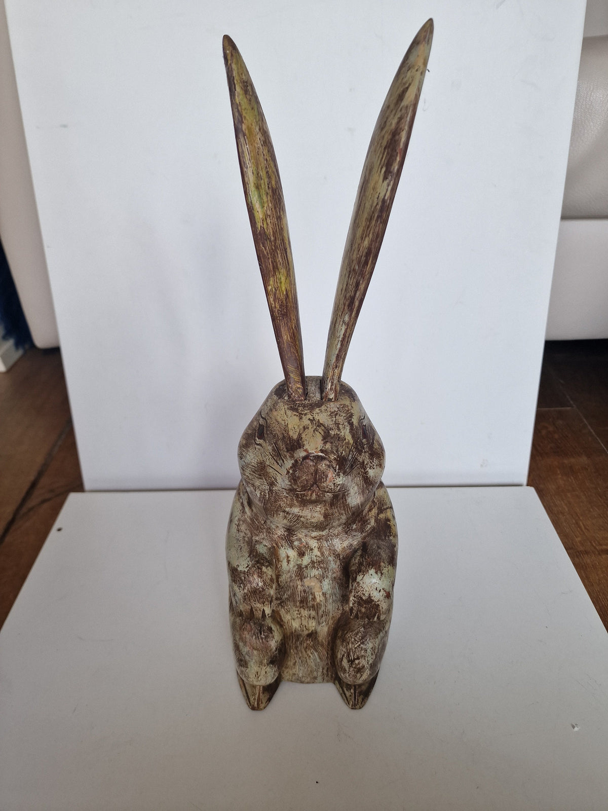 XL Handcarved Wood Hare Figurine, Removable Ears, Funny Animal Statue (46 cm)