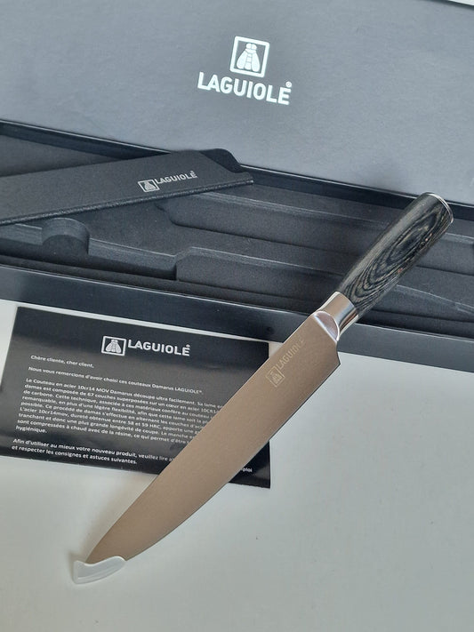Laguiole Damarus Damascus Steel Chef Knife, Pakkawood Handle, Leather Sheath
