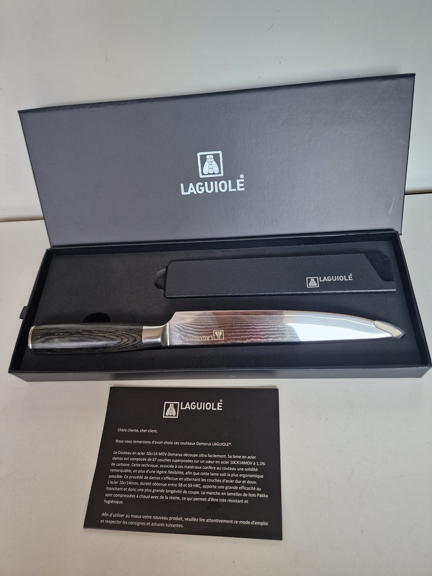 Laguiole Damarus Damascus Steel Chef Knife, Pakkawood Handle, Leather Sheath