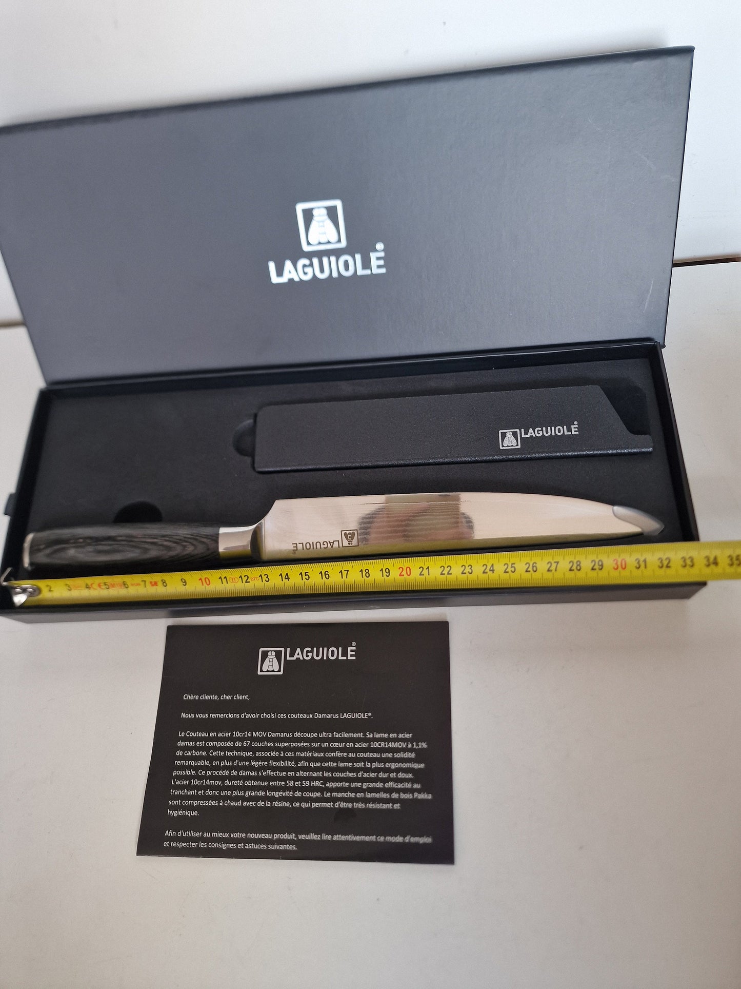Laguiole Damarus Damascus Steel Chef Knife, Pakkawood Handle, Leather Sheath