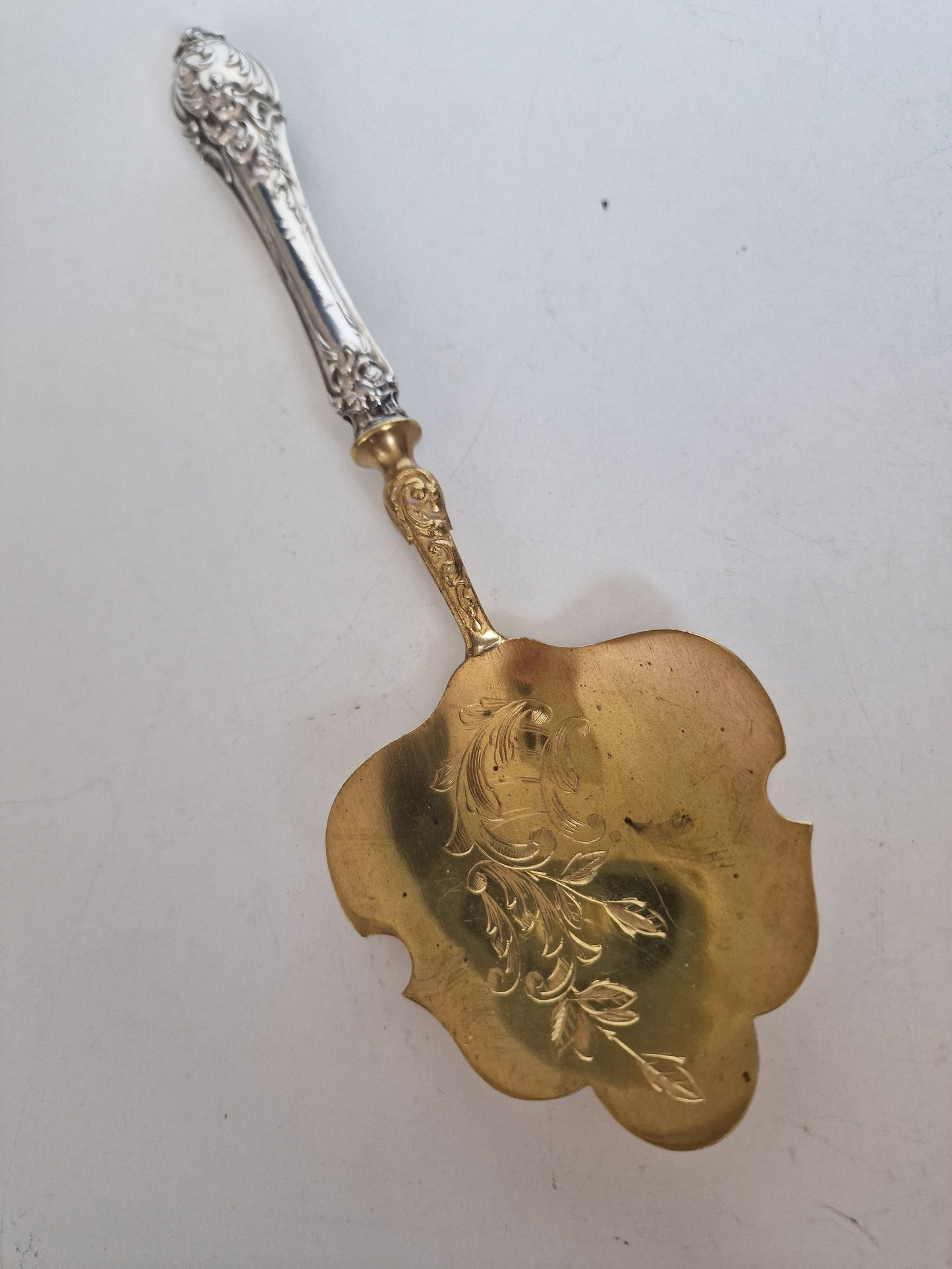 Victorian Gold Gilt Tart Spoon with Sterling Silver Handle, Antique 19th Century