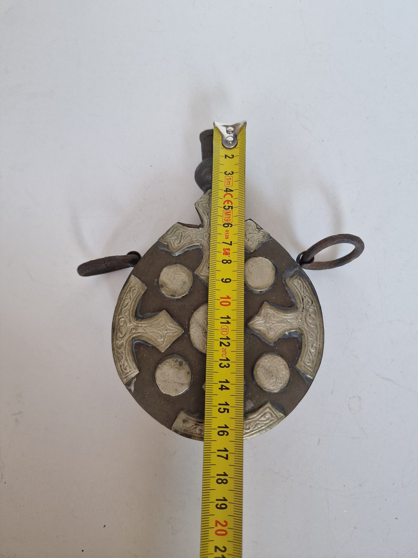 Antique engraved Silver Tone and Bronze Gunpowder Flask- 20th century, islamic