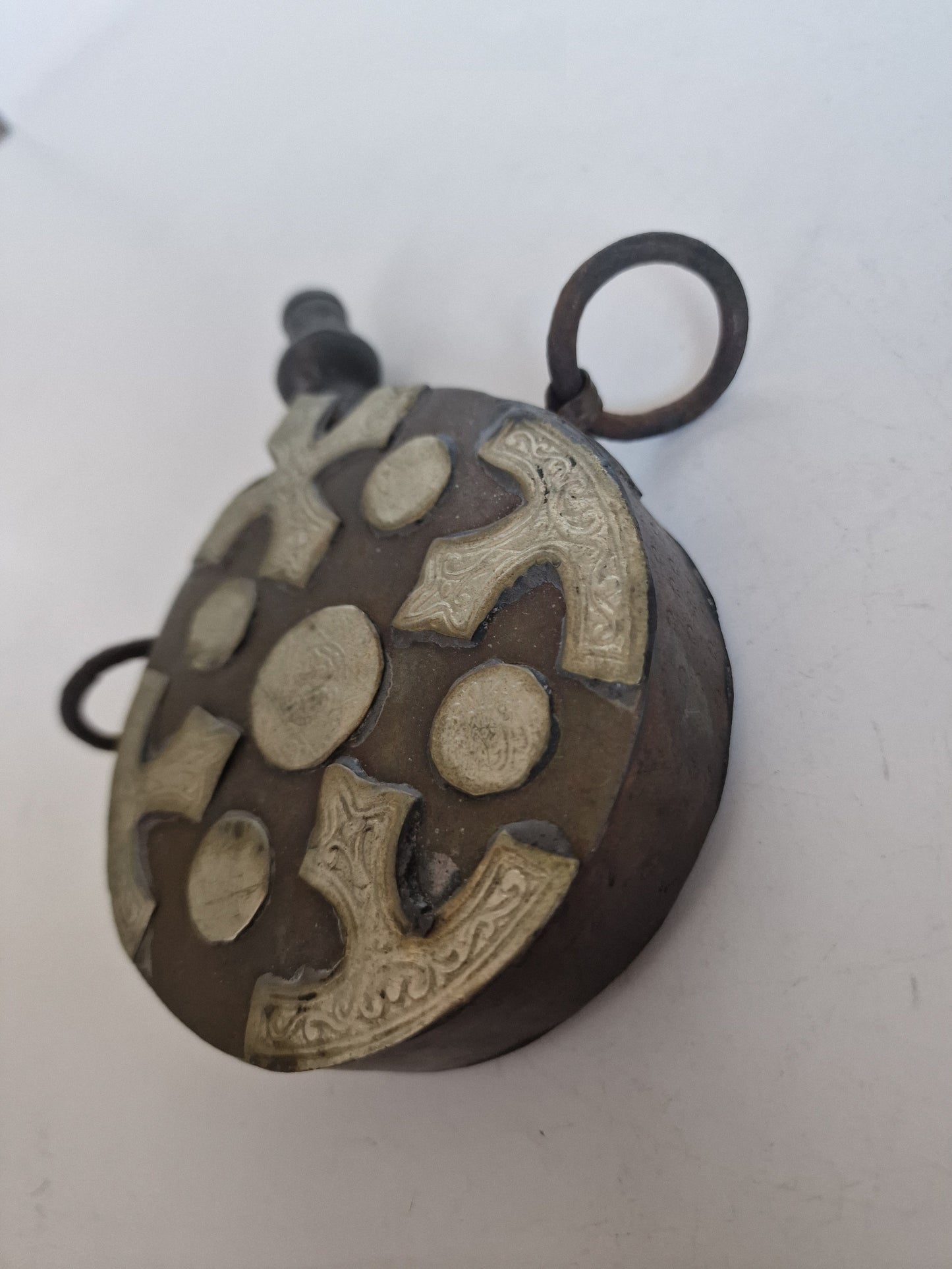 Antique engraved Silver Tone and Bronze Gunpowder Flask- 20th century, islamic