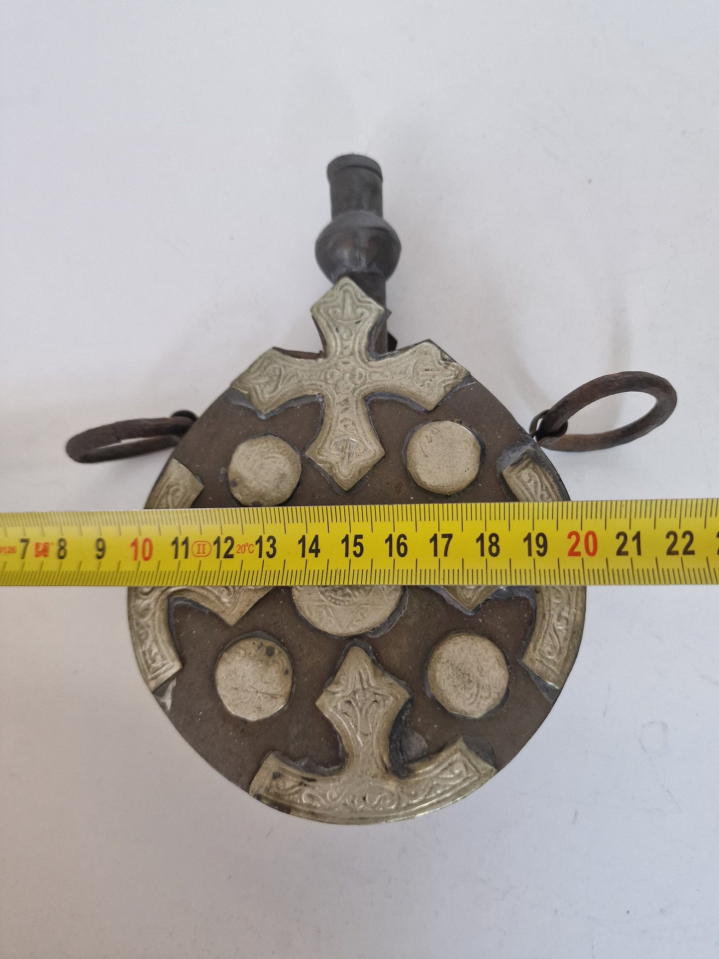 Antique engraved Silver Tone and Bronze Gunpowder Flask- 20th century, islamic